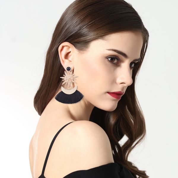 

new bohemia brand metal stars stud earrings for women fashion jewelry gold moon earrings cotton tassel pendant brincos boho bijoux, Golden;silver