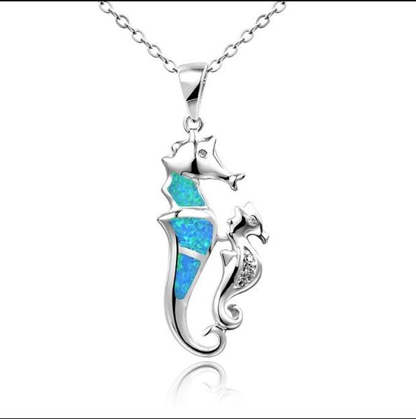 

parent-offs 925 sterling silver blue opal seahorse pendant female clavicle silver necklace pendant anniversary gift korea-japan simple style