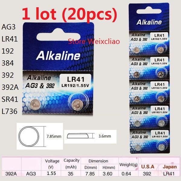 

20pcs 1 lot AG3 LR41 192 384 392 392A SR41 L736 1.55V Alkaline Button Cell Battery coin batteries Free Shipping