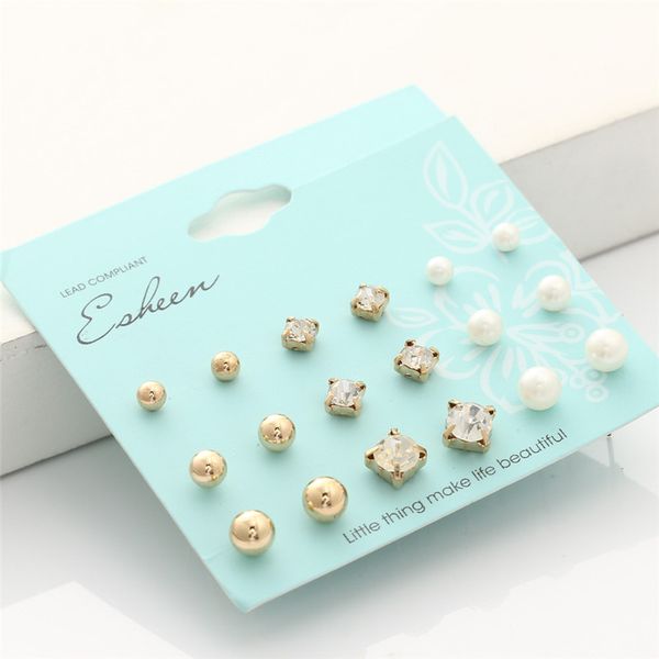 

new 9 pairs/set crystal simulated pearl stud earrings piercing silver gold color fashion earrings for women hz, Golden;silver