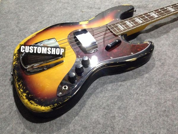 

Handmade 4 Strings Vintage Sunburst In 3 Color Relic Electric Bass Guitar F Pickup Cover, Red Tortoiseshell Pickguard Rosewood Fingerboard