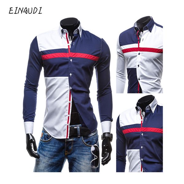 

wholesale- einaudi 2017 spring/autumn men's fashion hit color patchwork long sleeve slim fit formal dress shirt casual male camisas, White;black