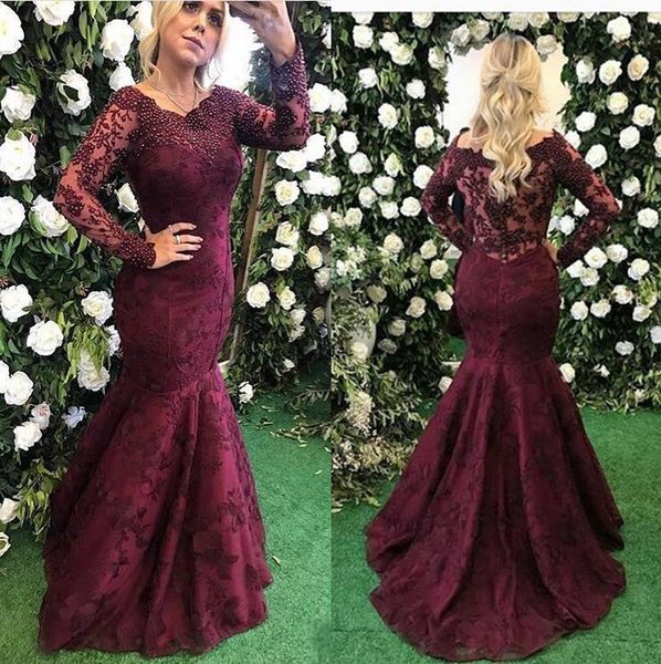 

elegant burgundy lace mother of the bride dresses with long sleeves beaded plus size wedding guest dress mermaid appliqued evening gowns, Black;red