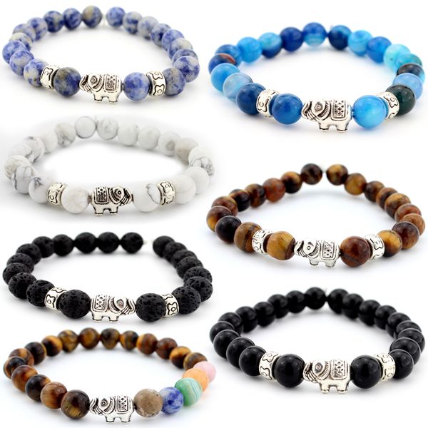 

8mm kimter agate gems lava rock stone bracelet for men women with elephant yoga beaded bracelets elastic gift 7 styles b335s, Golden;silver