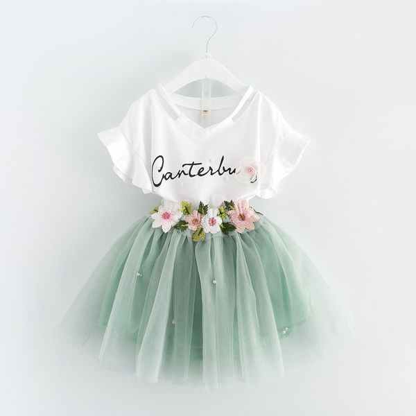 

korean summer 2017 baby girls clothes dress suits white letter t shirt flower tutu skirt 2pcs sets floral children clothing outfits a488