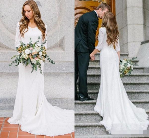 

vintage modest bridal gowns with long sleeves bohemian lace chiffon wedding gowns country wedding dress for beach garden wedding wear, White
