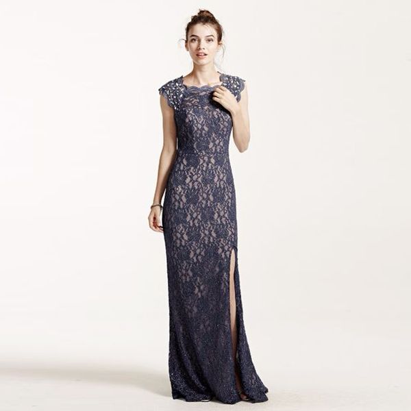 

long lace cap sleeve evening dress with keyhole back 3329mt4d blue steel side slit lace sheath prom dresses crystals party formal, Black