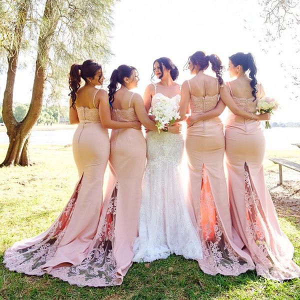 

2017 latest chic mermiad bridesmaid dresses spaghetti straps lace-applique sleeveless bridesmaid gowns elegant satin sweep train party dress, Blue;red