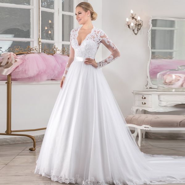 

Платье де Noiva Sexy Back Pearls декорацией Robe де Mariage A-Line с длинными рукавами свадебное пла