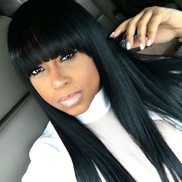 

100% real brazilian full lace human hair wigs with bangs glueless lace front wig 150 density full lace wig for black woman, Black;brown