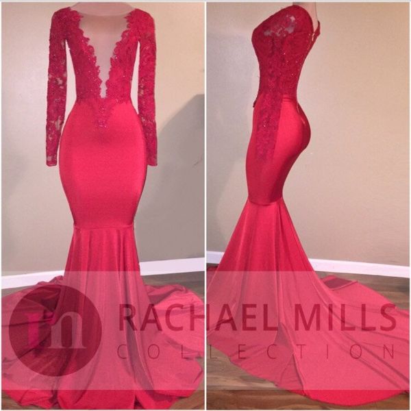 

plunging v neck red mermaid prom dresses 2k17 new lace sequins long sleeves evening dresses zipper back vintage formal party wear, Black