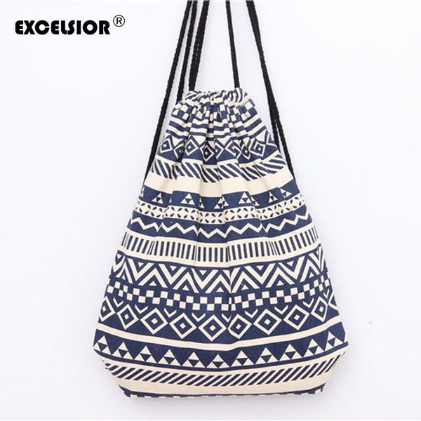 

wholesale- excelsior national striped wave printed canvas backpack women's backpack drawstring sackpack bag causal ladies travel bag