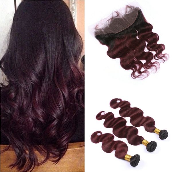 2020 1b 99j Burgundy Ombre Lace Frontal Closure With Bundles Dark