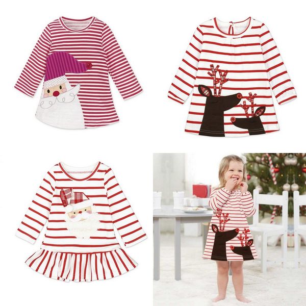 

baby girls christmas party cosplay costume princess santa claus deer elk dress stripe long sleeve skirt, Red;yellow