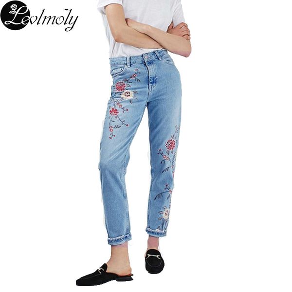 

wholesale- 2017 new european style women's jeans fashion flower embroidery mid waist narrow feet denim pants pencil pants female yc1289, Blue