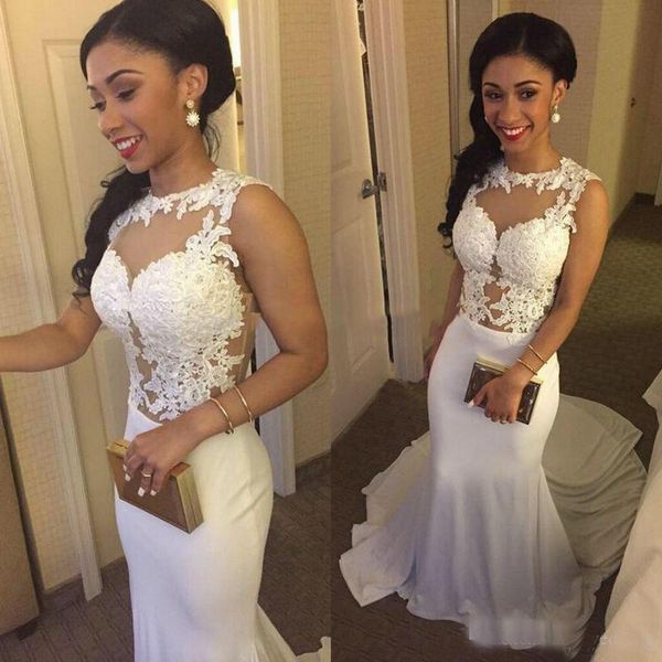 

Элегантные платья Русалка Sheer Crew Neck Chiffon Formal Prom Gowns Кружевная аппликация Long Vestido Abend