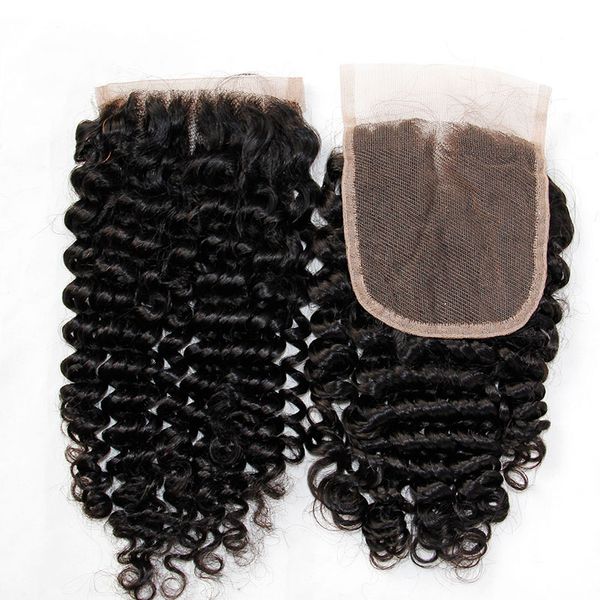 Peruana Curly Virgin cabelo Lace Encerramento Parte Oriente Livre Cabelo Humano Encerramento peruana profunda cabelo encaracolado Top Lace Closures 4x4Size Preto Natural