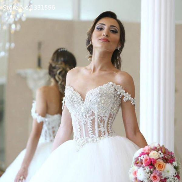 

elegant lace appliques straps sweetheart bodice corset ball gowns wedding dresses 2017 pearl beaded bride gowns vestidos de noiva, White