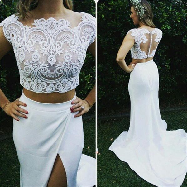 2017 sexy bohemian lace top chiffon saia duas peças vestidos de casamento sereia com manga curta lado split beach vestidos nupciais en112113