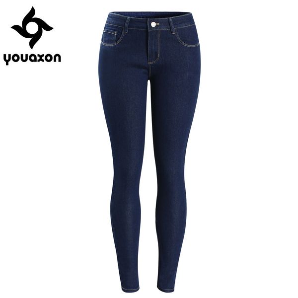 

wholesale- 2092 youaxon women`s basic dark blue mid low waist stretchy pencil skinny true denim pants jeans for women jean