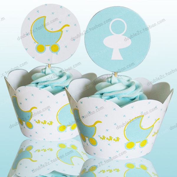 

wholesale-baby carriage cupcake wrappers baby shower boy decoration birthday party favors for kids, pram cup cake ers picks supplies