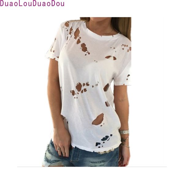 

wholesale- 2017 summer holes t shirt women fashion black white cotton short sleeve ripped shirts casual loose t-shirt s-xl
