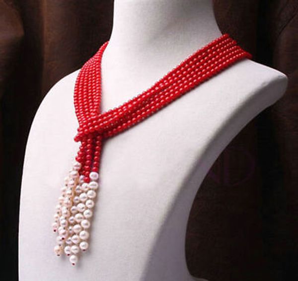 

triple strands natural red coral south seas white pearl necklace, Silver