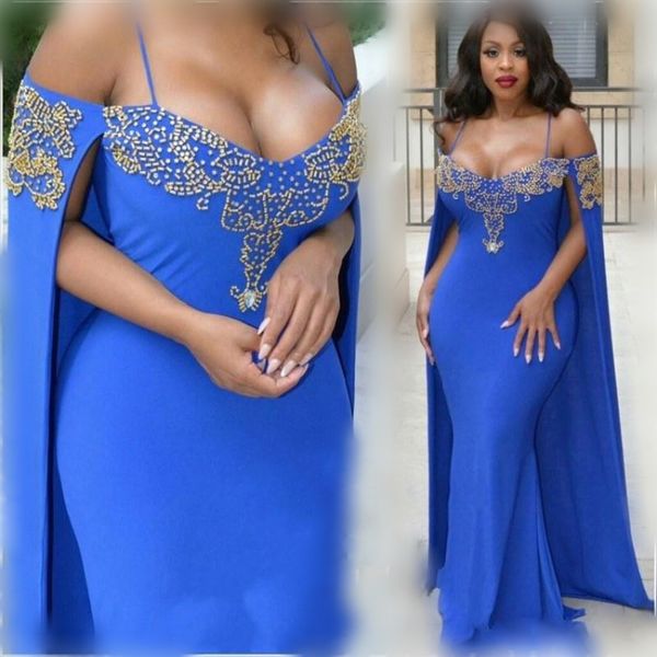 Royal Blue Spaghetti Prom Dresses Plus Size Sirena con perline Abbigliamento formale da donna Cap Style Abiti sudafricani Custom Made