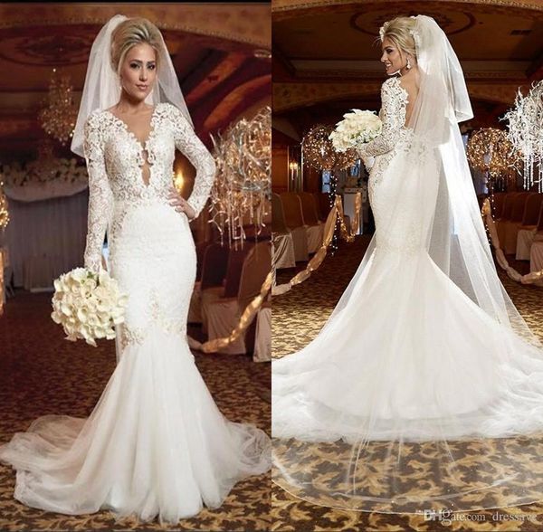 

Stunning White Plus Size Wedding Dresses 2017 Long Sleeve V-neck Ruffles Mermaid Trumpet Backless Tulle Cheap Bridal Gowns