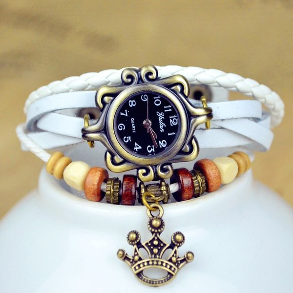 

fashion black dial women watch statue of liberty crown pendant decorated watches colorful beads band retro quartz movement clock, Slivery;brown