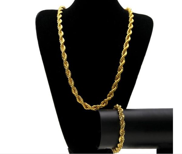 

new gold color silver color men hiphip 10mm twist chain hiphop rope chain necklace bracelet set 78cm of necklace 22cm of bracelet drop ship, Black