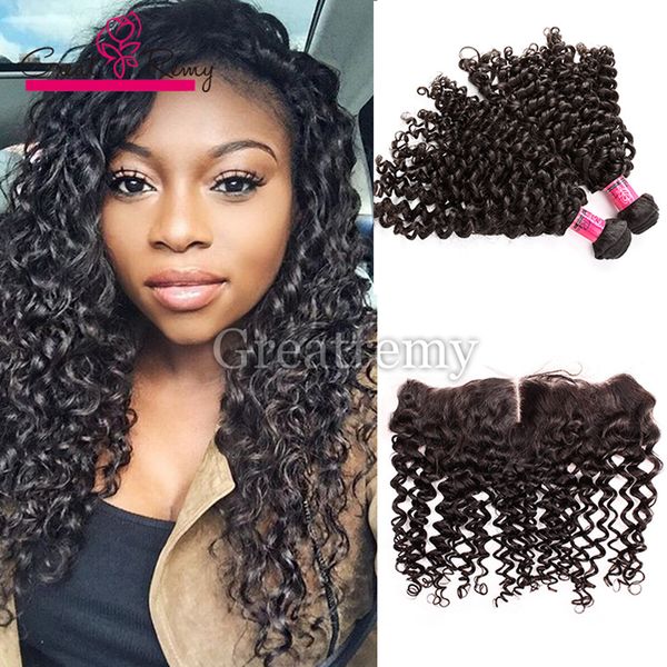 Paquetes de cabello de onda rizada profunda brasileña de visón 2pcs con cierre frontal de encaje 13x4 Cabello humano virgen natural Greatremy con frontales de oreja a oreja