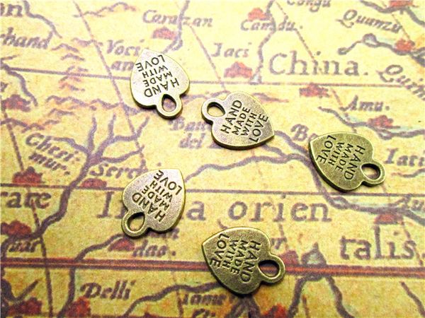 

105pcs heart hand made with love tibetan bronze tone heart charms pendants 2 sided 15x12mm, Bronze;silver