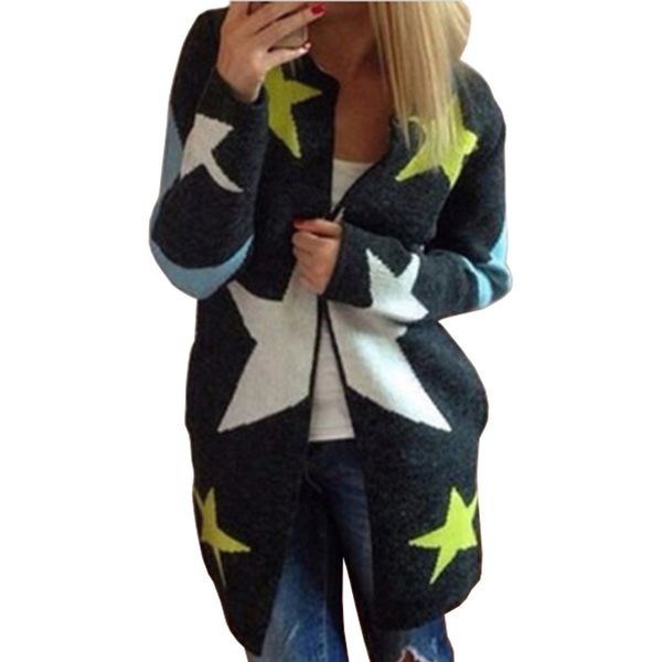 

wholesale- autumn cardigans stars pattern print casual fashion women long sweaters loose warm knitted cardigans long sleeve warm outwears, White;black