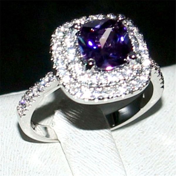 

lady's purple gemstone rings jewelry 925 sterling silver princess-cut 4ct crystal diamond wedding ring for valentine's day gift si, Slivery;golden