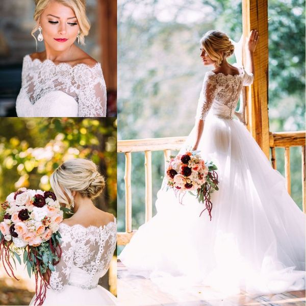 

2017 vintage country style wedding dresses a line half sleeves lace tulle sweep train button back garden bridal gowns, White