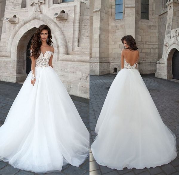 

modest vintage lace 2018 sheer wedding dresses with long sleeves white tulle backless wedding ball gowns bridal dresses