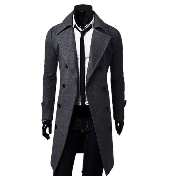 

wholesale- autumn winter stylish men slim long wool blends england style male double breasted turndown collar wind coat outerwear new nov9, Black