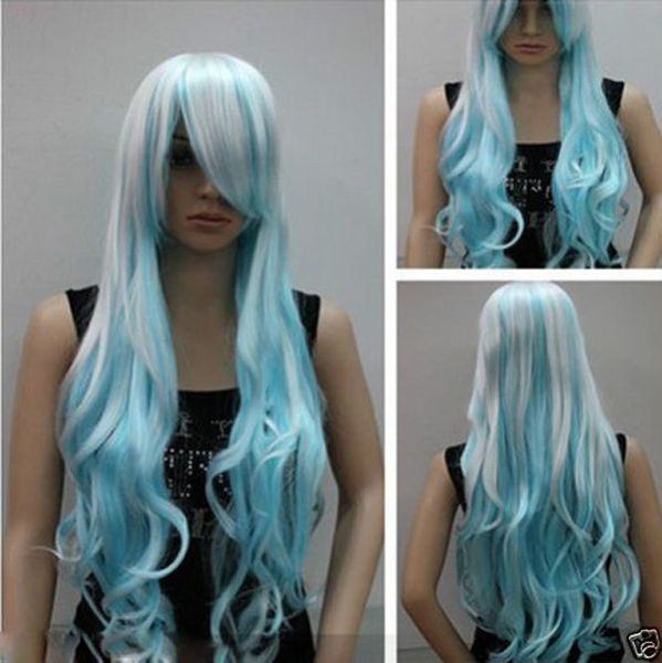 

gt;>> women clever long white & light blue mix curly full cosplay wig, Black;brown