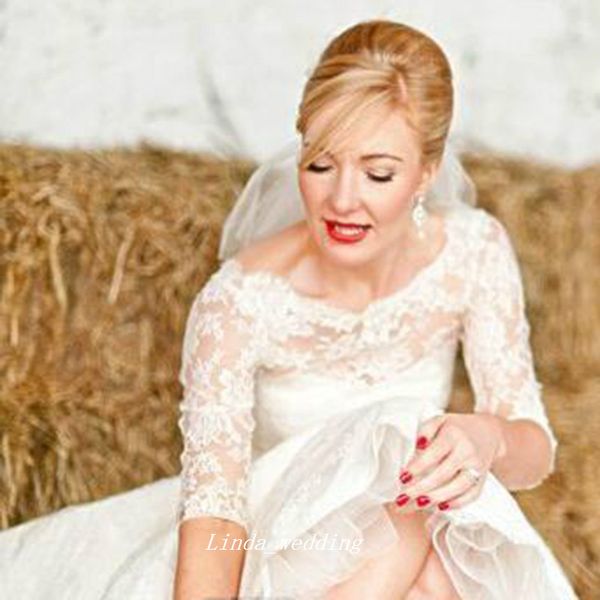 Abito da sposa stile country corto in pizzo bianco Abito da sposa a maniche lunghe con scollo a barchetta di alta qualità Plus Size Vestido De noiva