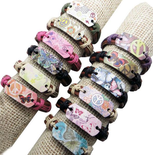 

12pcs/lot mix style wholesale many color leather rope weaving chinese style bracelet butterfly charm bracelets 2017, Golden;silver