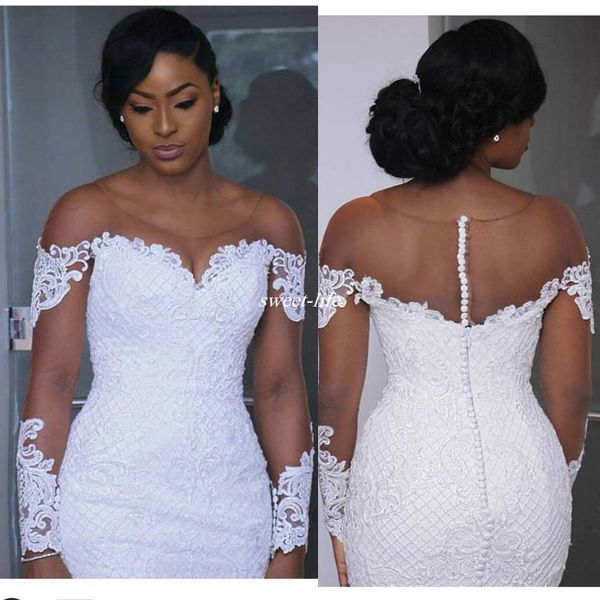 Plus Size Long Sleeve Lace Wedding Dresses Illusion Neck Buttons