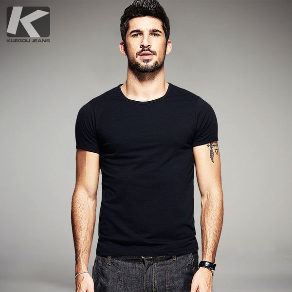 

wholesale- kuegou summer mens casual t shirts 10 solid colors brand clothing man's wear short sleeve slim t-shirts tees plus size 601, White;black