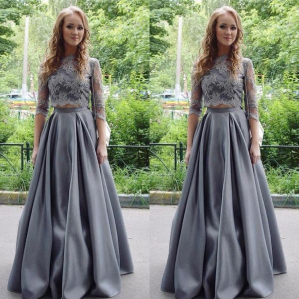 

elegant 2017 gray lace half sleeve satin skirt two pieces prom dresses long ruched floor length formal dresses custom en102611, Black