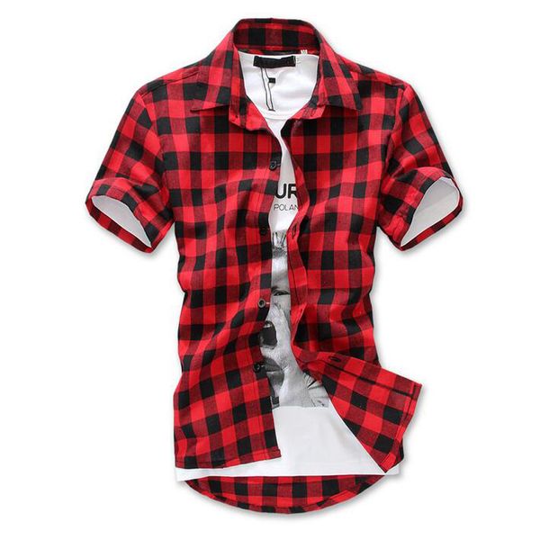 Wholesale- Fashion Red Black Blue Mens Plaid Shirt Short Sleeve Men Checked Shirt Men Cotton Mens Shirts Causal Grid Checked Shirt Silm Fit