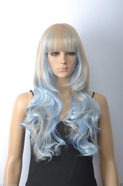 Оптовая бесплатная доставка Женщины Косплей Голубая блондинка Mix Длинные парики вьющиеся парики с челкой