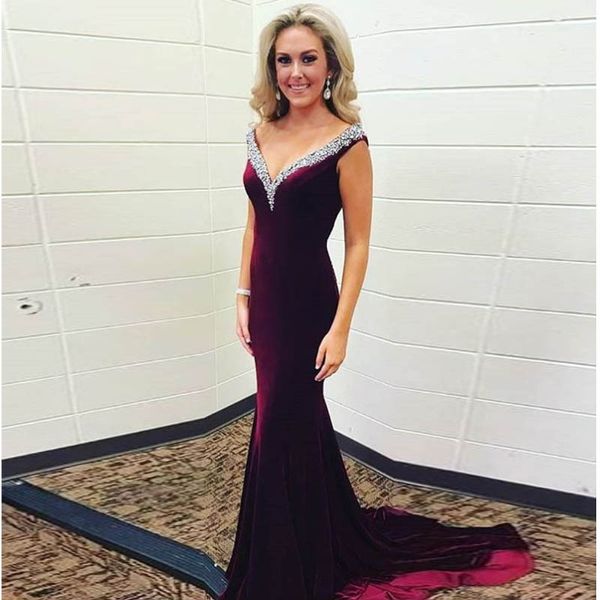 

elegant velvet prom dress beading v neck party dress mermaid long evening dress vestidos de fiesta, Black