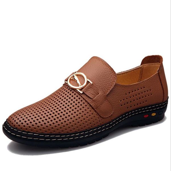 

men loafers 2017 casual boat shoes fashion genuine leather slip on driving shoes hollow out men flats, Black