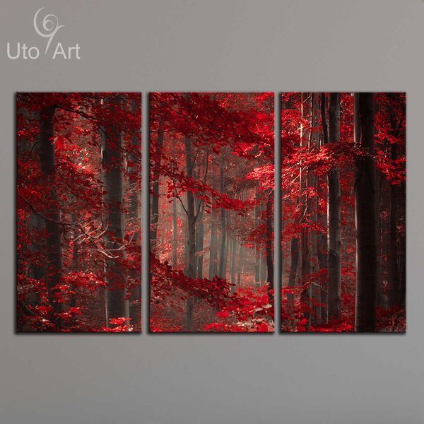 2019 Morden 3 Panel Wall Art Painting Red Enchanted Forest Giclee Prints Wall Pictures Canvas Art Paintings For Living Room From Utoart 12 98