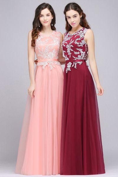 Outono escuro vermelho rosa uma linha vestidos de noite desgaste jóia pescoço macio tulle vestidos de noite longos com laço apliques barato vestidos de baile cps708